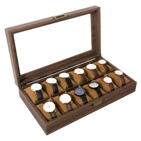 Uten 12-Slot Watch Box with Real Glass Lid, Faux Wood Grain PU Leather Display Case, Removable Suede Pillows, Metal Clasp. Perfect Gift for Him & Her.