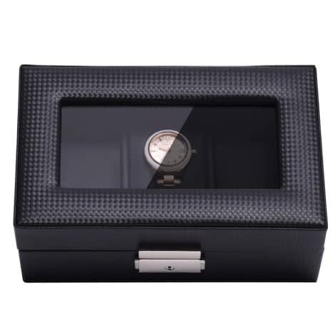 MQFORU Watch Box 3 Slot, Jewellery Watch Organiser with Glass Lid, Carbon Fibre Leather Watch Storage Container.