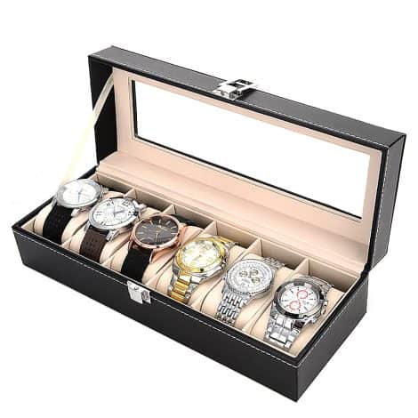 NuAngela 2 3 6 12 Slot Watch Box: Faux Leather Lockable Watch Storage Boxes, Glass Top, Adjustable Jewelry Organizer