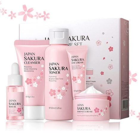 Gift set containing skincare products for teenage girls, including cleanser, toner, face cream, face serum, and eye cream. Ideal gift for her with hydrating and refreshing effects on the skin.