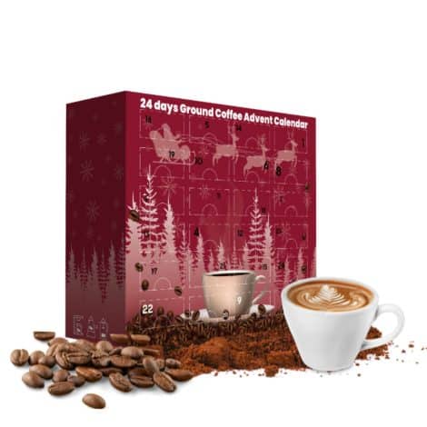 2023-24 day Christmas coffee advent calendar featuring ground flavored coffee and coffee beans stencil. Ideal gourmet gift for adults.