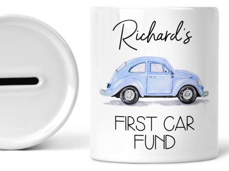 Customisable piggy bank for boys to save money for their first car, making it a perfect birthday or Christmas gift.