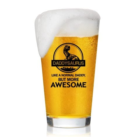 Daddysaurus beer glasses for fathers, ideal as joyful gifts for Father’s Day, birthdays, or baby showers.