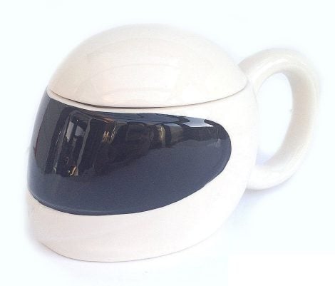 Helmet themed mug for motorbike enthusiasts.