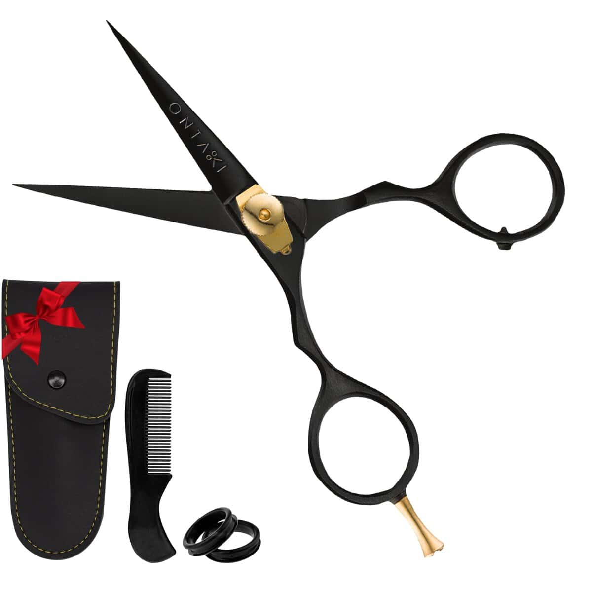 ONTAKI Beard Moustache Scissors 5.5" Professional Japanese Steel Comb, Carrying Pouch Beard Mustache Trimming Hand Forged Bevel Edge Precision Men Facial Hair Grooming Kit Body Facial Hair Black Gold