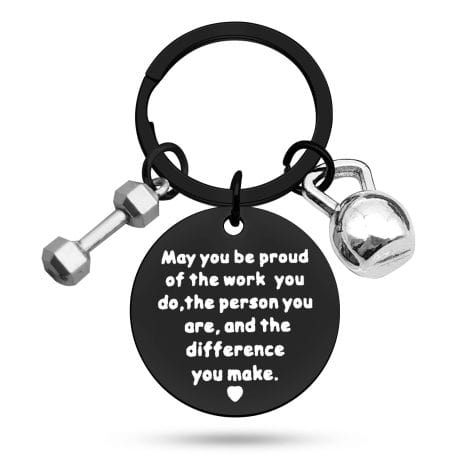 Fitness coach presents, fitness keyring, gratitude gift for personal trainer, bodybuilding appreciation gift, gym jewelry, retirement present, dumbbell keychain.