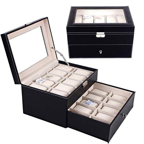 Watch Box, FOME 20 Slot Faux Leather Dual Layer Storage Organiser for Watches, Lockable Watch Case, Jewelry Display Box