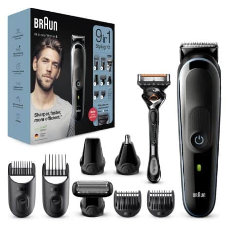 Braun MGK5280 Male Grooming Kit: Beard Trimmer, Hair Clippers, Ear & Nose Trimmer, Gillette Razor – 9-in-1, Black/Blue color.