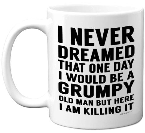 Grumpy Old Man Christmas Mug, a humorous and stylish 11oz white ceramic dishwasher-safe mug perfect for Grandad’s or Dad’s Father’s Day or Christmas, made in the UK.