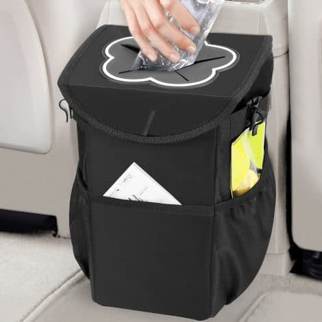 MOSFiATA Car Bin, 10L Vehicle Waste Bin with Cover, Flexible and Water-resistant Lining, Compact Trash Container with Pockets, Auto Boot Organizer.