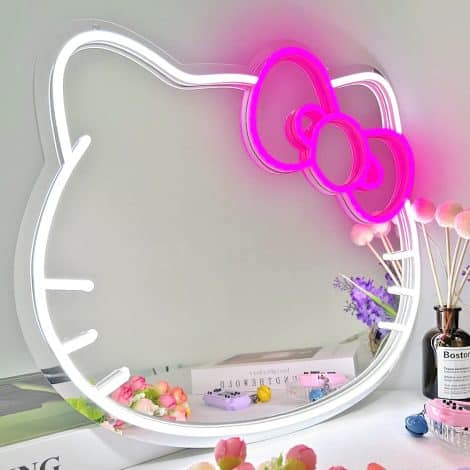 BDUN Neon Sign Mirror is a 5V Anime Hello Kit Cat Neon Sign with LED Strip Light, suitable for various rooms.