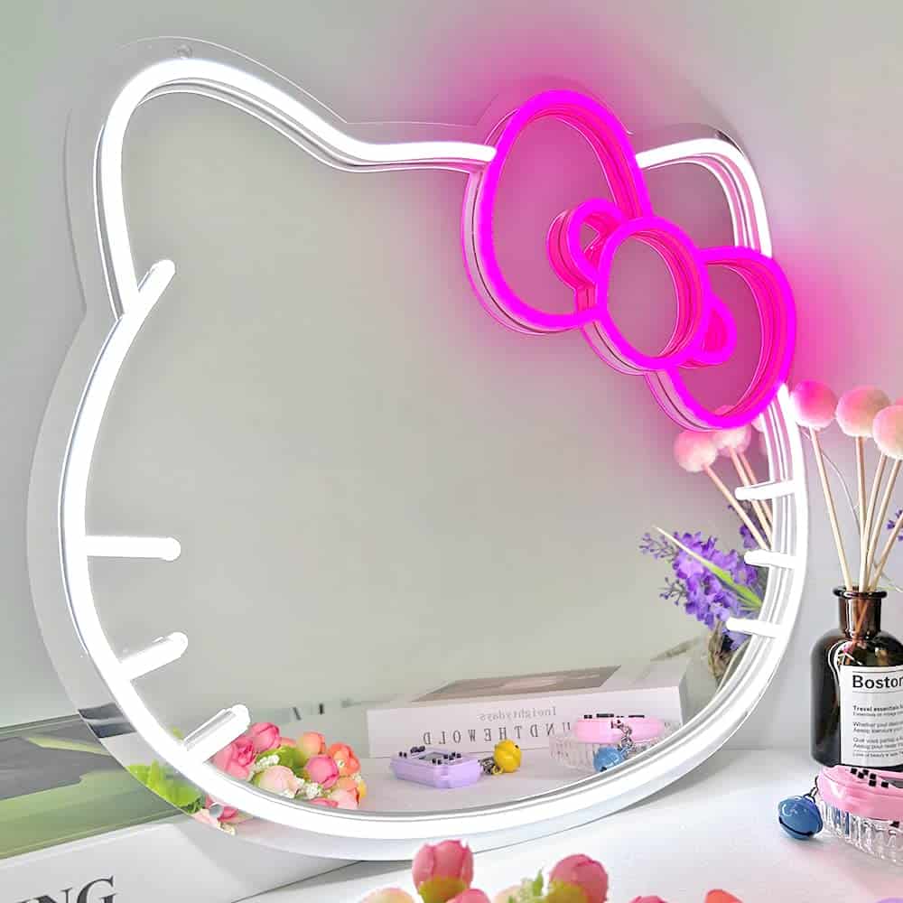 BDUN Neon Sign Mirror,5V Anime Hello Kit Cat Neon Sign for Dresser, Locker Room, Living Room, Kids Room, Hallway Neon Light up Mirror with Dimmable LED Strip Light for Birthday Gifts 41x33.8cm