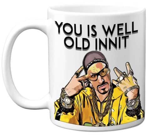 Hilarious Ali G Festive Mug for Adults – Classic British Slang – Naughty Bday Gift for Family, 11oz Ceramic Funny Coffee Cup