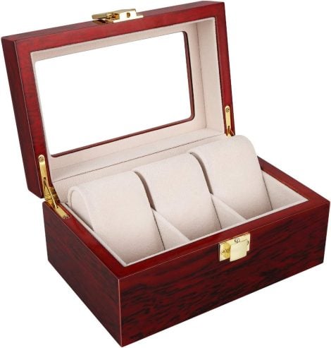 Uten Watch Case Organizer: A wooden storage box with 3 compartments for showcasing men’s and women’s jewellery.