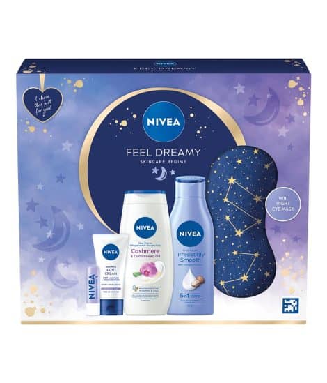 NIVEA Indulge and Relax Skincare Gift Set for Her, includes Shower Cream, Body Lotion, Night Cream, Lip Balm, and Eye Mask.