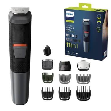 Philips MG5730/33, a versatile grooming kit, features 11 attachments including a nose trimmer and self-sharpening metal blades. It includes a UK 3-pin plug.