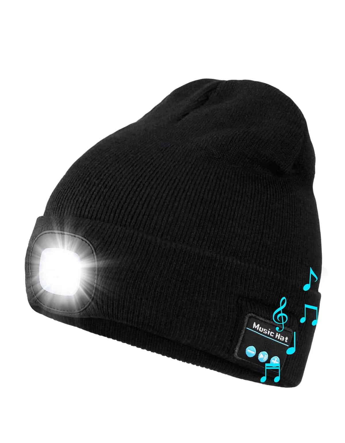 Wmcaps Gifts for Men Dads Him, Beanie with Detachable Light and Bluetooth, USB Rechargeable Wireless Headphone Running Hats, Unisex Outdoor Beany, Perfect Christmas Stocking Fillers Black