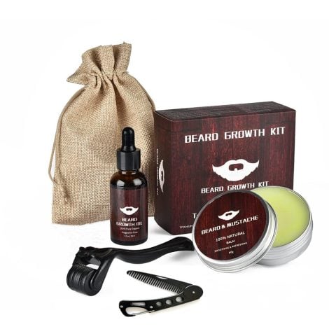 Beard Care Package, including Beard Roller, Beard Oil, Beard Balm, and a Foldable Styling Comb – Ideal for Men’s Grooming.