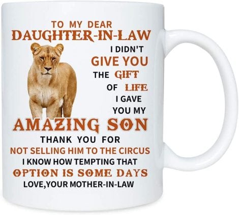 Daughter-in-Law Mug- A Lioness Gift for Son from Mum and Dad, Birthday Ceramic Cup for Men, 11oz (from Mum)