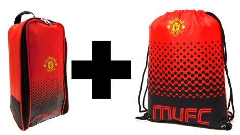 Gift set containing a gym bag and boot bag, branded with Manchester United, popular British football team.