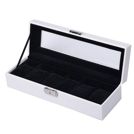 KYD 6 Watch Jewellery Display Storage Boxes Case Organiser with Lock, Faux Leather, Glass Lid for 6 Watches, Cufflinks and Rings.