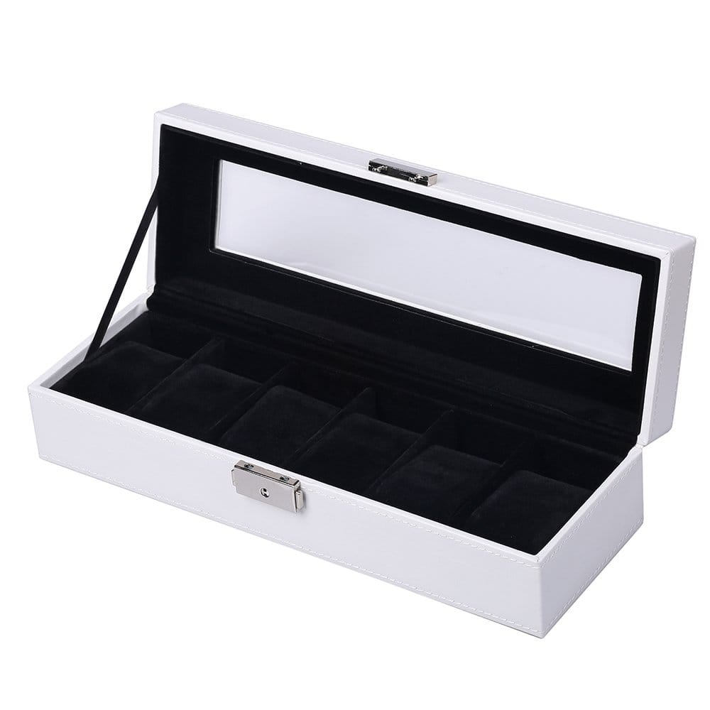 KYD 6 Watch Jewellery Display Storage Boxes Case Organiser for 6 Watches, Cufflinks and Rings Faux Leather with Glass Lid and Pillows Holders for Mens Womens Ladies, Lockable