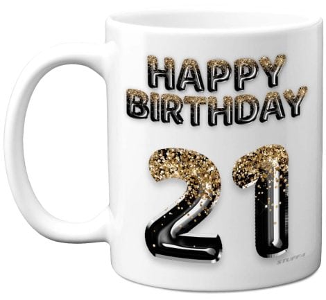 21st Birthday present for men – Sparkling black and gold balloons – Merry Christmas mug gift for a 21-year-old son, brother, grandson, cousin, or friend with 11oz ceramic dishwasher safe coffee cups.