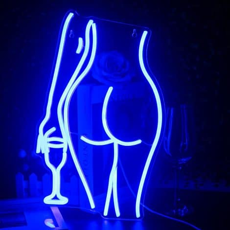 Blue LED Lady Wineglass Neon Sign – an illuminated wall decoration featuring a sensual female figure with a wine glass.