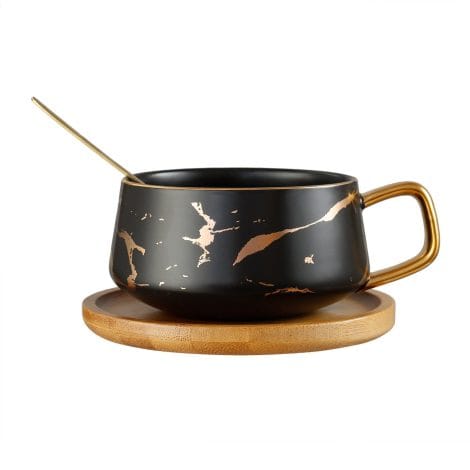 Qinhai Marble Ceramic Coffee Mug Sets with Spoon Wood Saucers, ideal for gifting on special occasions.