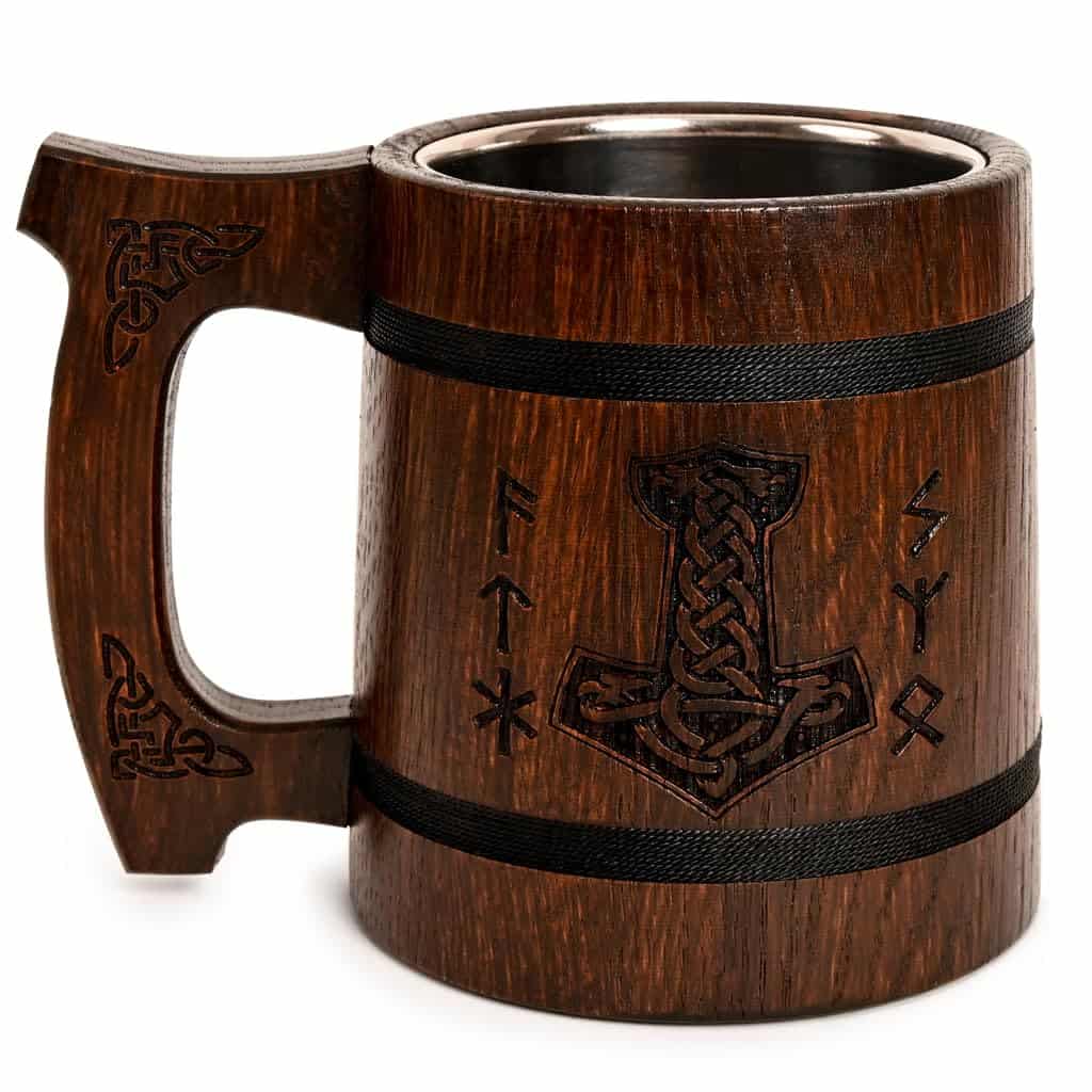 Teslyar 0.6 L Oak Wood Beer Mug - Thor Mug | Beer Gifts for Men Birthday - Viking Gifts for Men | Ideal as Xmas Gifts for Men Who Have Everything | Stainless Steel Tankard - Thor Hammer and Runes