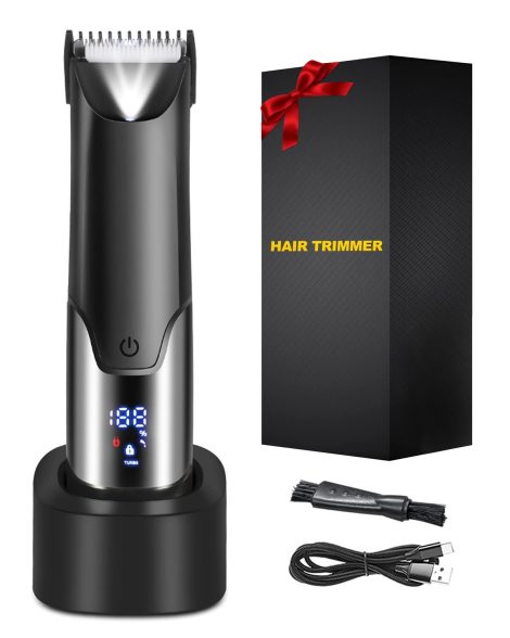 Rantizon Testicles Trimmer for Men is a body hair grooming tool with a ceramic blade and advanced features like waterproofing, LCD display, and travel lock.