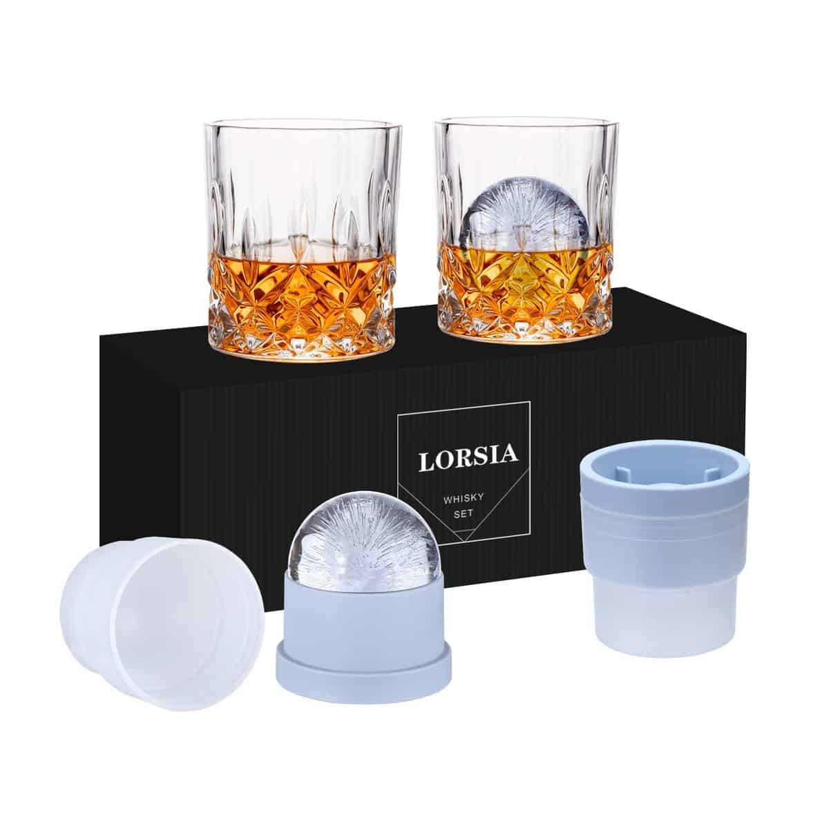 Whisky Glass, Set of 4 (2 Crystal Tumbler Glasses, 2 Large Ice Ball Moulds) in Gift Box - 300ml Whiskey Glasses for Scotch Cocktail Rum Cognac Vodka Liqueurs, Unique Gifts for Men