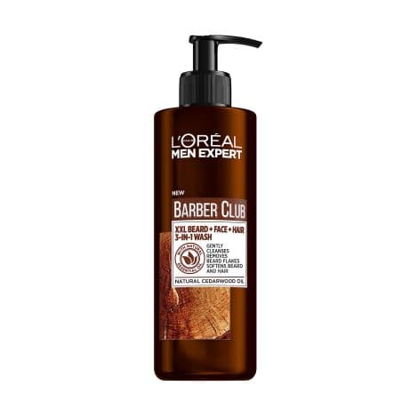 L’Oreal Men Expert 3-in-1 Beard, Hair & Face Wash with Cedarwood Essential Oil, Barber Club, 400ml – An effective cleanser that eliminates beard flakes while nourishing the skin.