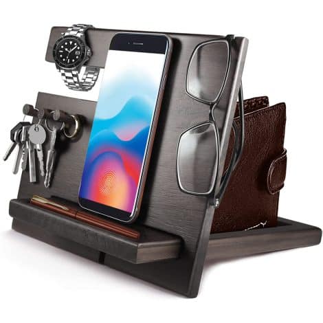 Christmas Gifts for Men – Bedside Caddy, a wooden docking station, perfect for organizing keys, wallet, watch, and more. Ideal gifts for Dad on his birthday, Christmas, or anniversary. Thoughtful Xmas presents for husbands.