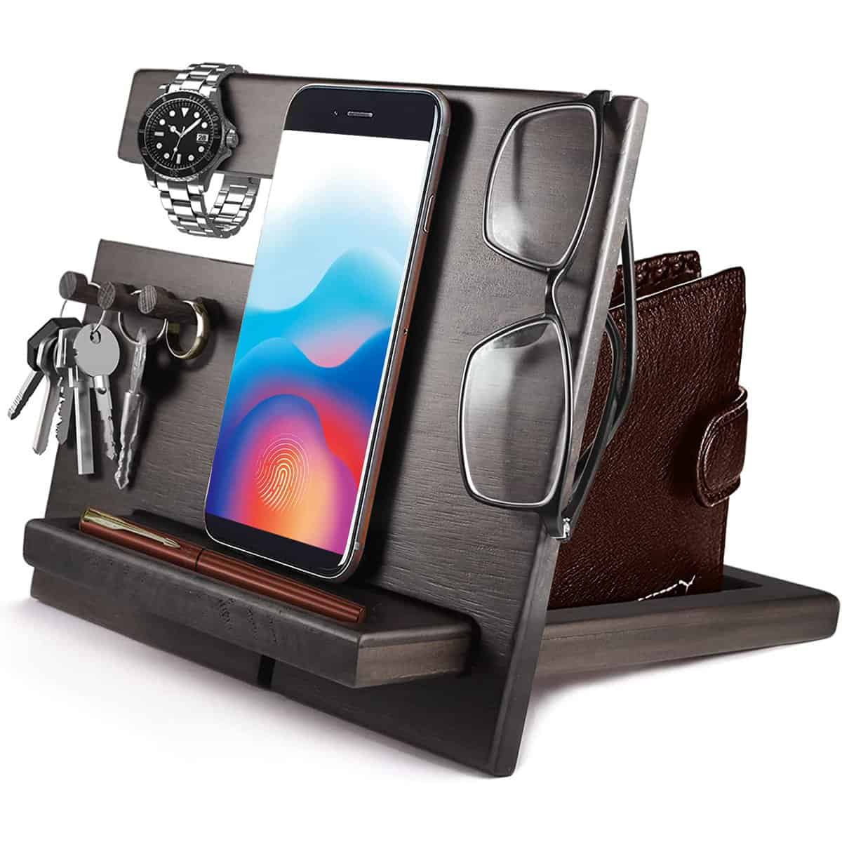 Gifts for Men Christmas Bedside Organiser Birthday Gifts for Him Dad Gifts for Christmas Wood Docking Station for Men Key Wallet Watch Organizer Gifts for Dad Anniversary Xmas Presents for Husband