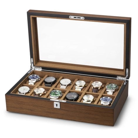 QIWODE Wooden Watch Box with Glass Display Lid, 12 Compartment Watch Organizer, Ideal Gift for Men and Women.