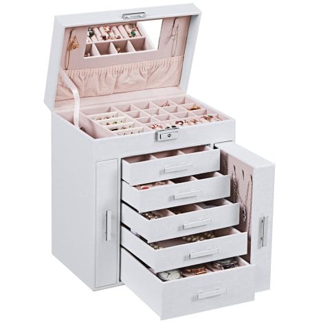 ANWBROAD Big Jewellery Box 6-Level Jewellery Organiser for Ladies Jewellery Drawer Organiser Necklaces Rings Earrings Watches White Storage Box JJB008W