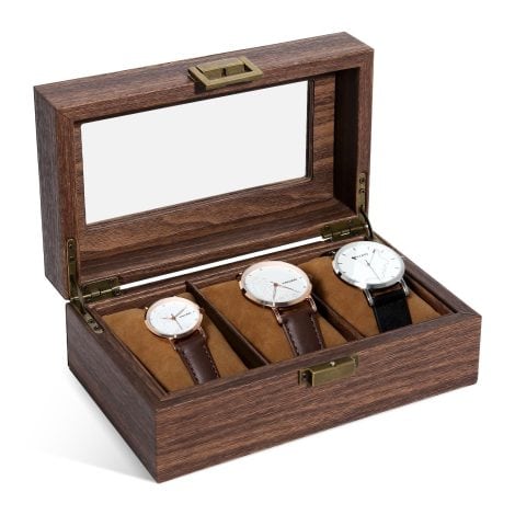 Uten Watch Box, 3-Slot Watch Case with Glass Lid, PU Leather Display Storage Box, Metal Clasp. Ideal Men’s/Women’s Gift.