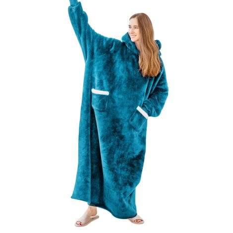 Aisbo Sherpa Fleece Hoodies Blanket for Ladies – Long Oversized Wearable Hoodie Blanket for Men, Cozy Thick Teal Hooded Blanket 150x87cm as Gifts.