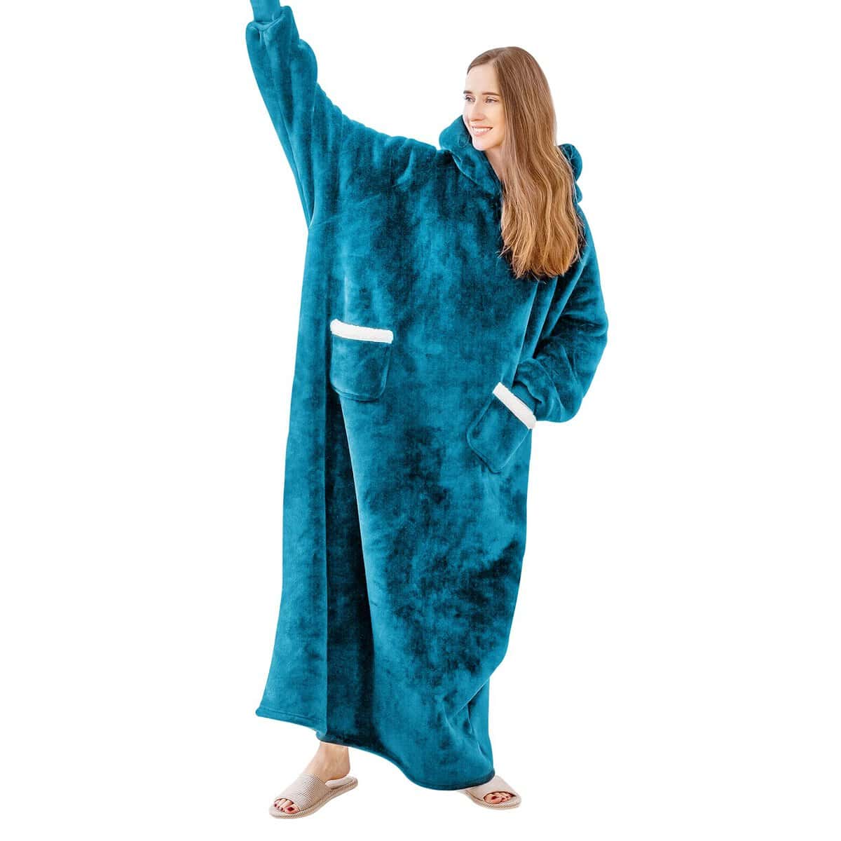 Aisbo Sherpa Fleece Hoodies Blanket for Women - Long Oversized Wearable Hoodie Blanket for Mens Adult, Warm Thick Teal Hooded Blanket 150x87cm as Gifts for Her Ladies