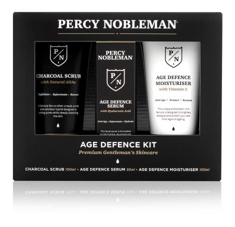 Percy Nobleman Age Protection Set includes Charcoal Face Scrub, deeply moisturizing Facial Serum, and Vitamin C Moisturizer.