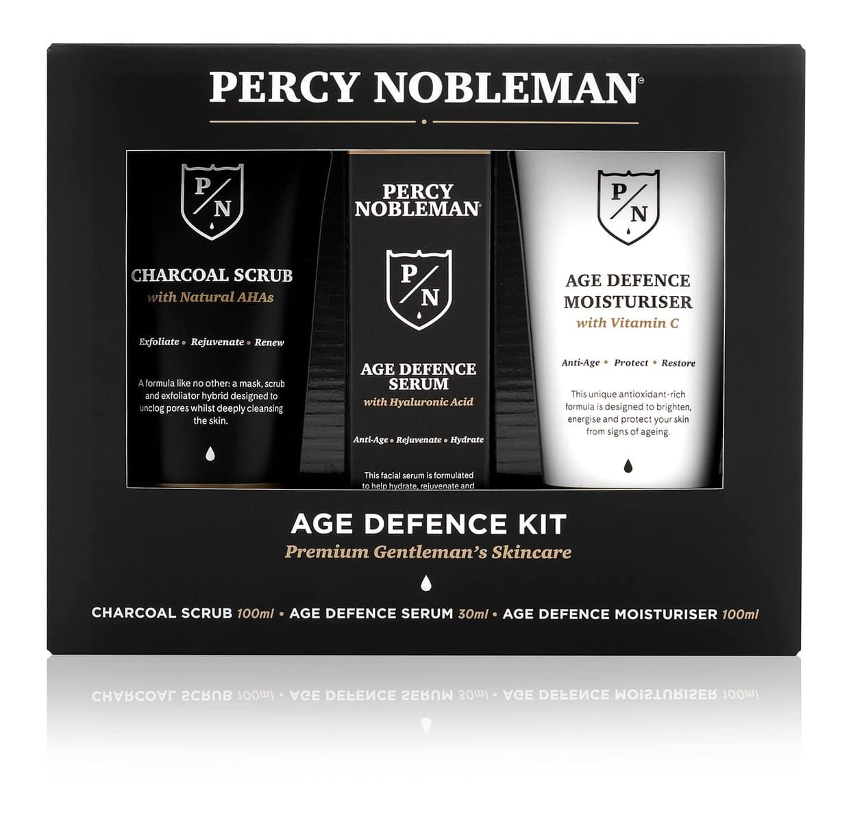 Percy Nobleman Age Defence Kit, a men's skincare set containing Charcoal Face Scrub (with Natural AHAs), ultra-hydrating Facial Serum (with Hyaluronic Acid), and Moisturiser (with Vitamin C)