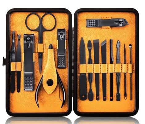 Professional Stainless Steel Nail Grooming Kit of 15pcs with Case for Travel – Black/Yellow Manicure Set.