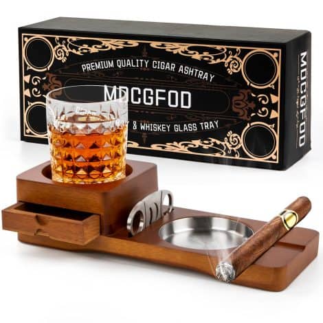 Wooden Cigar Ashtray Coaster, Whiskey Glass Tray and Cigar Holder, with Slot to Rest Cigar, Cutter, and Accessories. Ideal Gift for Males, Dads, and a Stylish Home Décor.