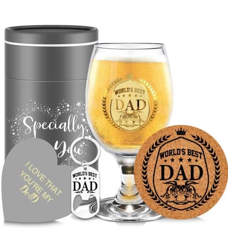 Birthday presents for males consisting of beer glasses, personalized wine glass, and Christmas gifts for fathers from children.