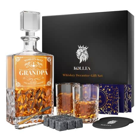 Kollea Whisky Decanter Set with 2 Glasses: Exceptional Birthday and Retirement Presents for Grandfather, Showcasing Granddaughter/Grandson Love.