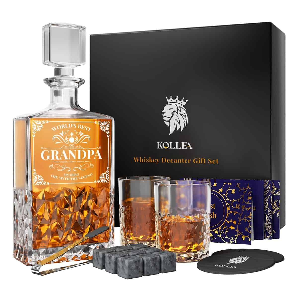 Kollea Grandpa Gifts, Whiskey Decanter Set with 2 Glasses, Best Birthday Gifts for Grandpa Grandfather Papa from Granddaughter Grandson, Unique Cool Retirement Presents for Men Who Have Everything