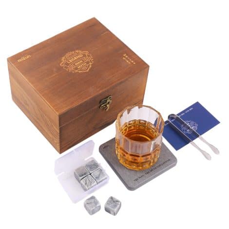 Whiskey Rocks and Whiskey Tumbler Set, Includes 6 Whiskey Rocks, Classic Whiskey Glass, Coaster, and Steel Tongs, Ideal Gift for Men.