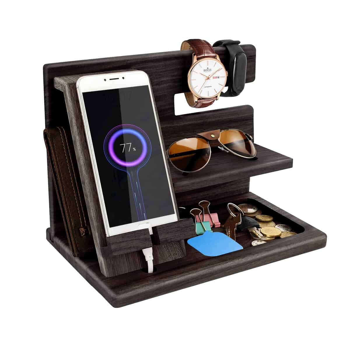 Gifts for Men Christmas Wood Phone Docking Station Dad Gifts for Bedside Organiser for Him Xmas Gift Anniversary Birthday Gifts for Him Gifts for Dad Nightstand Key Watch Wallet Stand Wooden Organizer