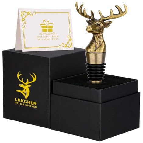 LKKCHER Deer Wine Bottle Stopper  a bronze stag gift, perfect for wine lovers; great for Fathers’ or birthday gifts.